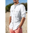 Boyish Shirt Pure Color Chest Pocket Spread Collar Long Sleeve Regular Button down Shirt