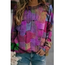 Colorful Crew Neck Sweatshirts Contrast Color Patchwork Regular Fit Long-Sleeved Pullover Sweatshirts for Ladies
