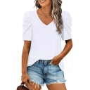 Simple Ladies T-Shirt Plain V-Neck Short Puff Sleeve T-Shirt