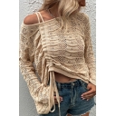 Stylish Womens Sweater Plain One Shoulder Ruched Long Sleeve Hollow Sweater