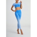 Womens Yoga Set Round Collar Ombre Print Short Sleeve Cropped Top with High Rise Pants Co-ords