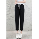 Women Hot Pants Pure Color Drawstring Waist Regular Mid Rise Ankle Length Tapered Pants