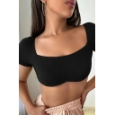 Sexy Womens Cropped Knit Top Solid Color Square Neck Short Sleeve Slim Fit Knit Tee Top