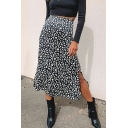 Classic Womens A-Line Skirt High Waist Leopard Pattern Split Side Chiffon Midi Skirt