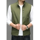 Leisure Vest Pure Color Fitted Sleeveless Stand Collar Pocket Design Zip Fly Vest for Guys