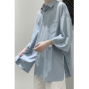 Stylish Guys Shirt Plain Slit Design Spread Collar Button Closure Loose Fit Button Shirt