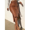 Fashionable Girls Skirt Plain Drawstring High Waist Button Detail Skinny Leather Skirt