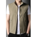 Leisure Men Vest Pure Color Sleeveless Stand Collar Pocket Decoration Regular Zipper Vest