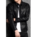 Fashionable Mens Jacket Solid Color Pocket Detail Stand Collar Zip Closure Leather Jacket