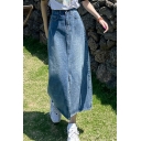 Women Retro Skirt Solid Pocket Detail Zipper Loose Mid Rise Split Denim Skirt