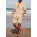Simple Mens Co-ords Plain Stand Collar Single Breasted Short Sleeve Shirt with Shorts Two Piece Set