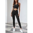 Leisure Hollow Workout Co-ords Plain Round Neck Sleeveless Crop Top & Pants Two Piece Set for Women