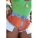 Trendy Womens Shorts Contrast Color Zipper Fly Mid Waist Denim Shorts