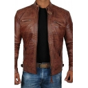 Mens Vintage Jacket Solid Color Long-Sleeved Stand Collar Regular Zip-up Leather Jacket