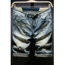 Modern Mens Blue Denim Shorts Button Placket Distressed Design Denim Denim Shorts with Pocket