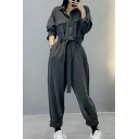 Street Look Womens Jumpsuits Plain Spread Collar Single Breasted Long Sleeve Tie Front Jumpsuits