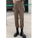 Retro Girls Pants Pocket Pure Color Mid Rise Full Length Regular Fit Button Placket Pants