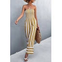 Chic Womens Shirred Jumpsuits Strapless Striped Print Wide Leg Jumpsuits