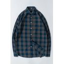 Men Urban Shirt Plaid Pattern Turn-down Collar Regular Fit Long Sleeve Button Up Shirt