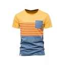 Trendy Guys T-Shirt Color Block Round Neck Short Sleeve Chest Pocket T-Shirt