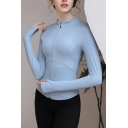 Leisure Womens Jacket Solid Stand Collar Zipper Fly Long Sleeve Fitness Jacket