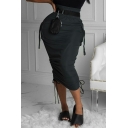 Edgy Women Skirt Solid Color Ruched Detail Elastic Waist Skinny Pocket Skirt