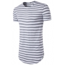 Simple Mens T-Shirt Striped Print Round Neck Short Sleeve Curve Bottom T-Shirt