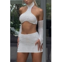 Sexy Womens Co-ords Solid Color Halter Detachable Sleeve Cropped Top & Mini Skirt Co-ords