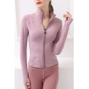 Leisure Ladies Jacket Plain Stand Collar Zipper Fly Long Sleeve Workout Jacket