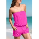 Casual Womens Rompers Plain Strapless Front Pockets Rompers
