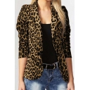 Retro Womens Blazer Leopard Pattern Single Button Notched Lapel Collar Slim Fit Blazer