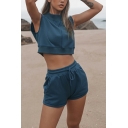 Casual Womens Co-ords Mock Neck Solid Color Sleeveless Crop Tee with Elastic Waist Shorts Co-ords
