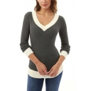 Stylish Womens Sweater Contrast Color V-Neck Long Sleeve Slim Sweater