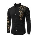 Trendy Mens Floral Print Shirt Button Closure Turn-down Collar Regular Fitted Shirt