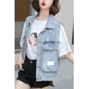 Street Ladies Denim Vest Faded Color Ripped Spread Collar Single Breasted Regular Fit Vest with Flap Pockets
