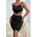 Stylish Ladies Black Co-ords Crop Plain Spaghetti Strap Top with Ruched Mini Skirt Two-Piece Set