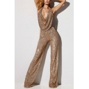 Chic Ladies Sequined Jumpsuits Draped Solid Color Deep V Neck Halter Jumpsuits