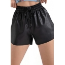 Leisure Womens Shorts Solid Drawstring Waist Mid Rise Button Detail Loose Shorts