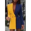 Trendy Ladies Tunics Blazer Color Block Lapel Collar Double Breasted Slim Fit Suit Jacket