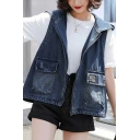 Classic Womens Hooded Vest Zipper Placket Flap Pockets Loose Fit Denim Vest with Washing Effect