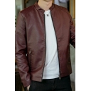 Casual Guys Jacket Pure Color Stand Collar Regular Fit Zip Fly Long Sleeves Leather Jacket