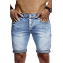 Dashing Mens Denim Shorts Plain Button Placket Wash Effect Mid Rise Regular Fit Denim Shorts