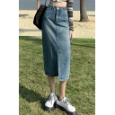 Chic Girls Skirt Pure Color Midi Length Mid Length Pocket Zip down Split Front Denim Skirt