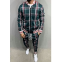 Trendy Mens Co-ords Plaid Stand Collar Zip Up Long Sleeve Jacket Drawstring Cuffed Pants Two Piece Set