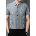 Modern Mens Shirt Stripe Print Button Closure Chest Pocket Turn-down Collar Regular Fitted Shirt