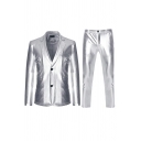 Men Modern Bronzing Suit Set PlainLapel Collar Button Closure Pocket Detail Blazer and Pants Set