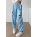 Sporty Womens Hollow Pants Plain Drawstring Waist Elastic Cuffs Joggers Pants with Label