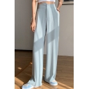 Girls Elegant Pants Plain Pocket Design Baggy Mid Rise Full Length Button Placket Pants