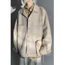 Vintage Mens Jacket Pure Color Pocket Detail Spread Collar Button Closure Leather Jacket
