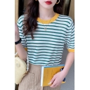 Classic Womens Sweater Striped Pattern Round Neck Short Sleeve Sweater